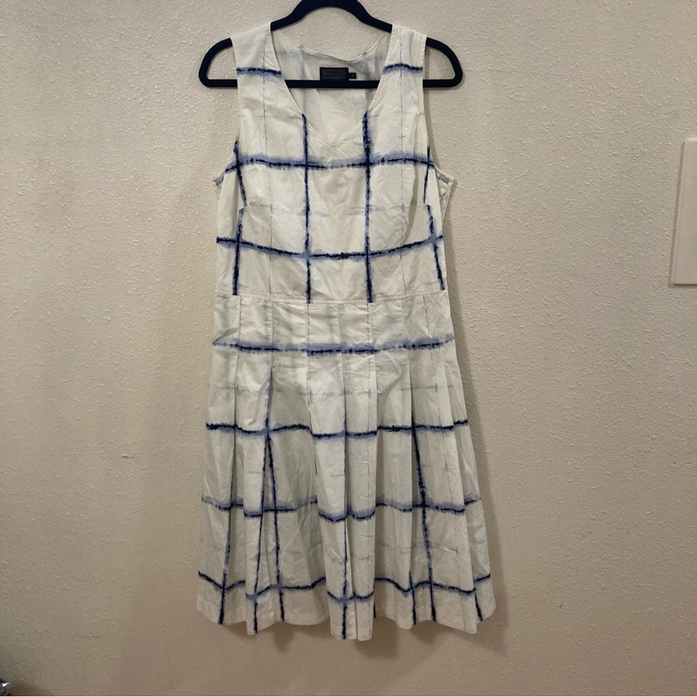 Pendleton Women’s Midi Dress Blue and White Sleeveles Pleated Sz 12 - Picture 2 of 13